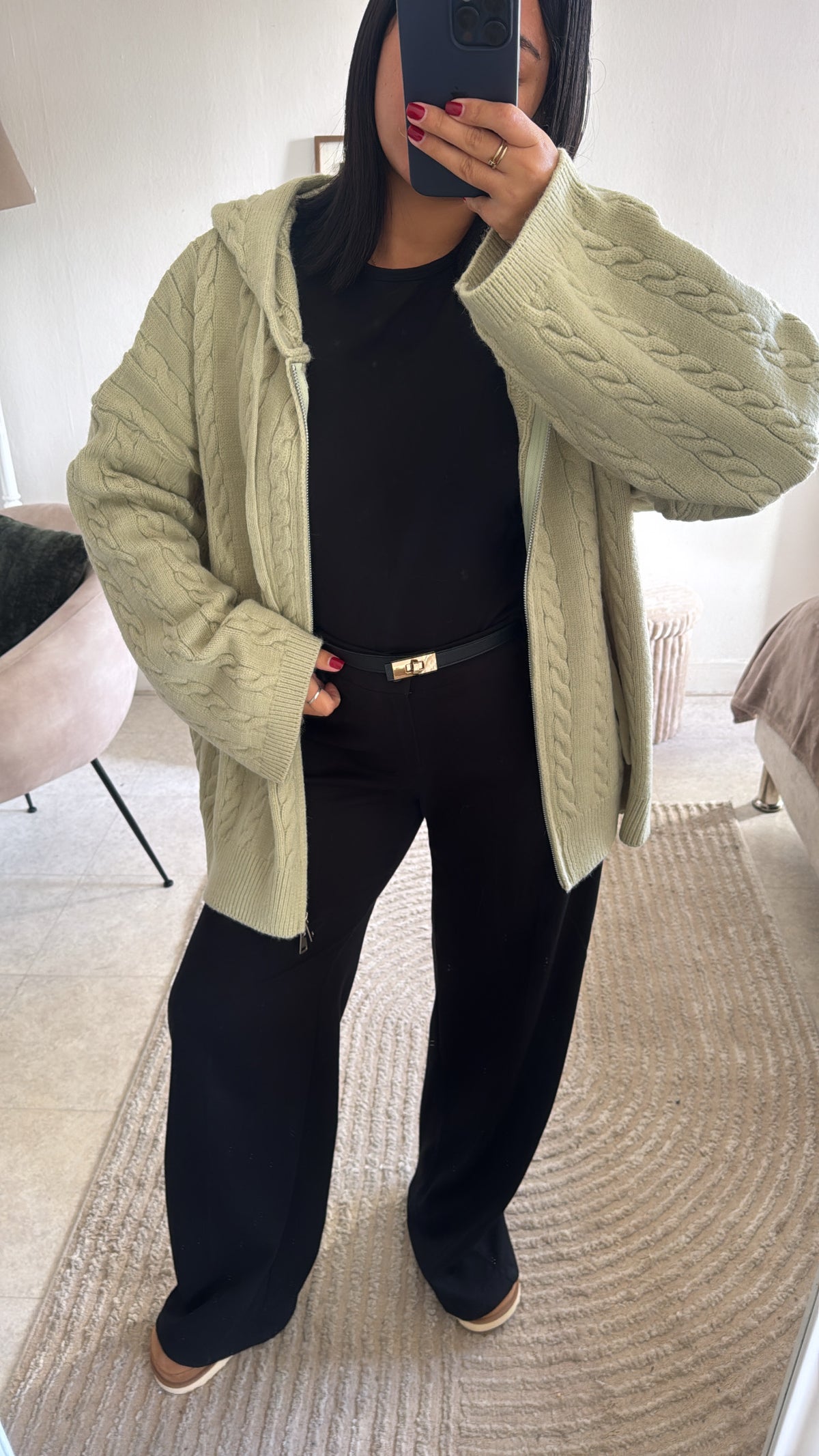 GILET TRICOT À CAPUCHE VERT