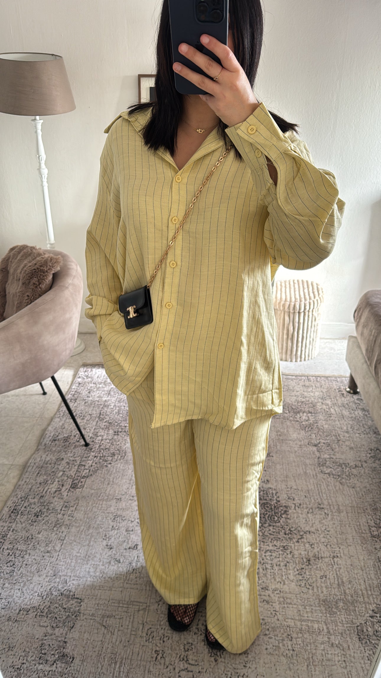 ENSEMBLE RAYÉ EN LIN JAUNE