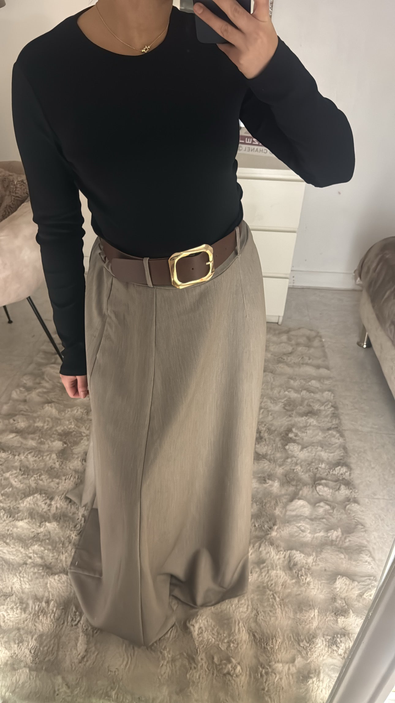 JUPE LONGUE FLUIDE À CEINTURE TAUPE