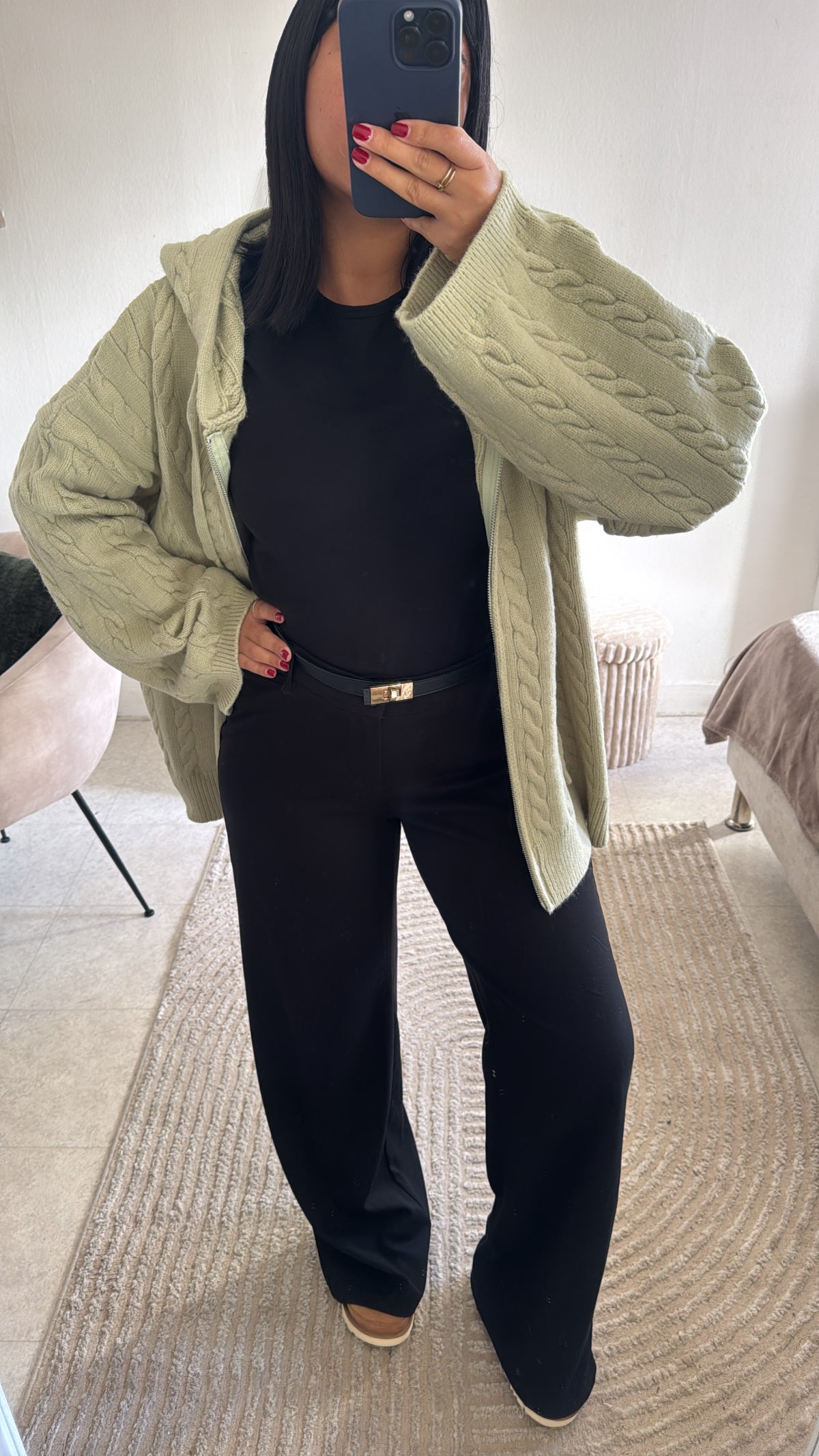 GILET TRICOT À CAPUCHE VERT