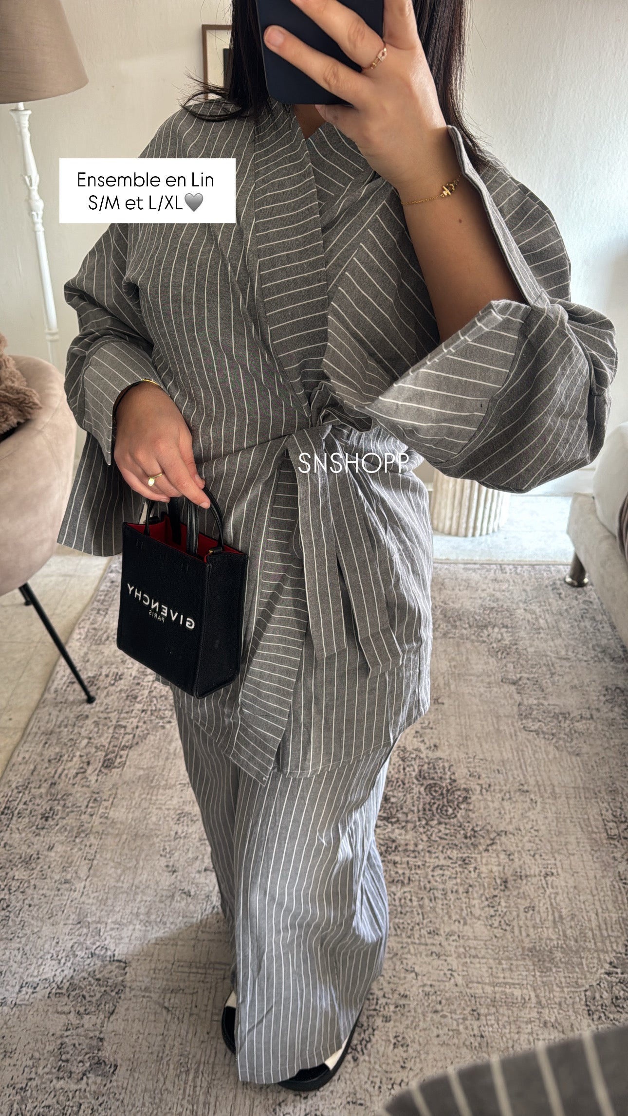 ENSEMBLE RAYÉ EN LIN GRIS