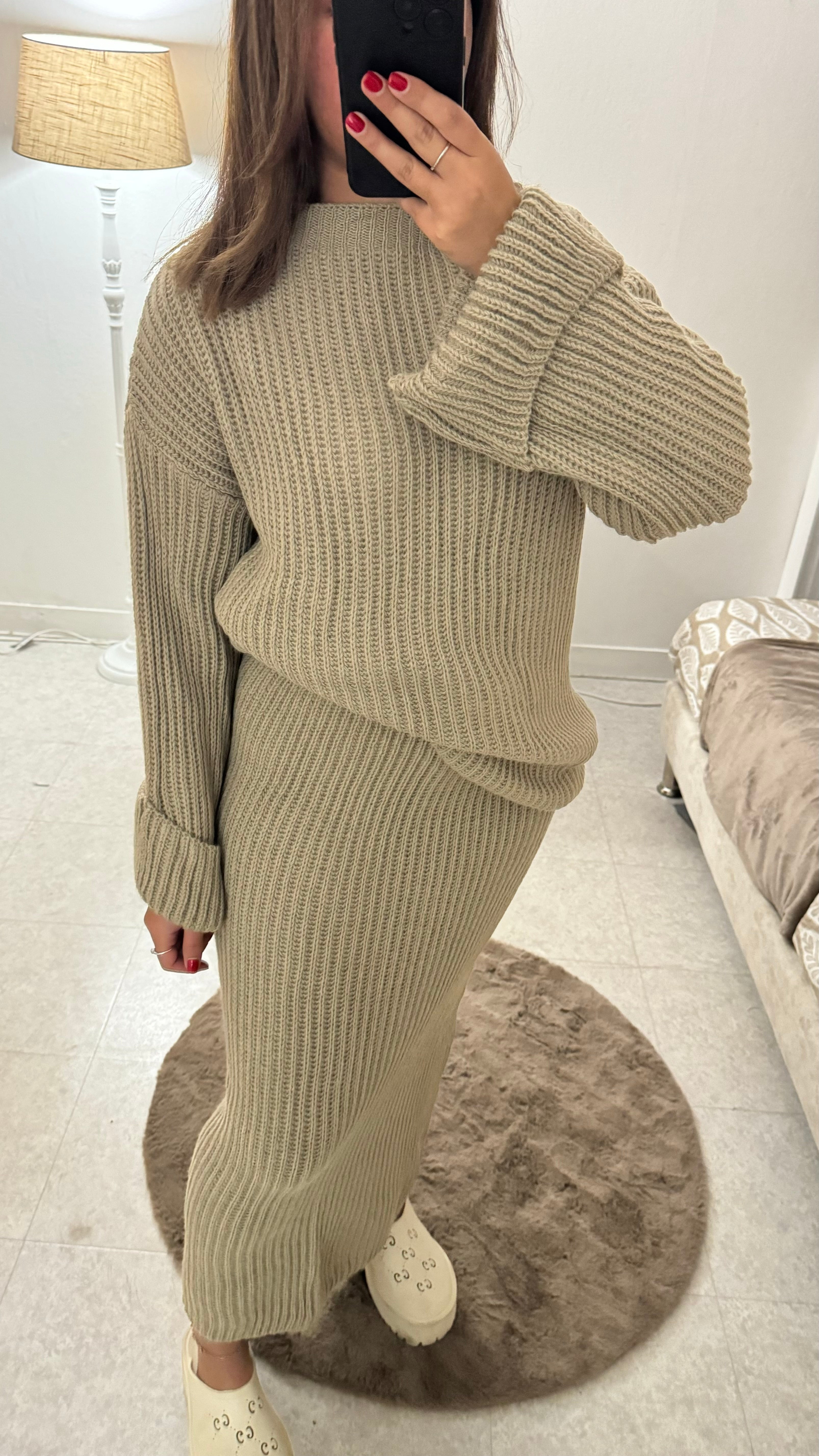 ENSEMBLE JUPE EN MAILLE TAUPE