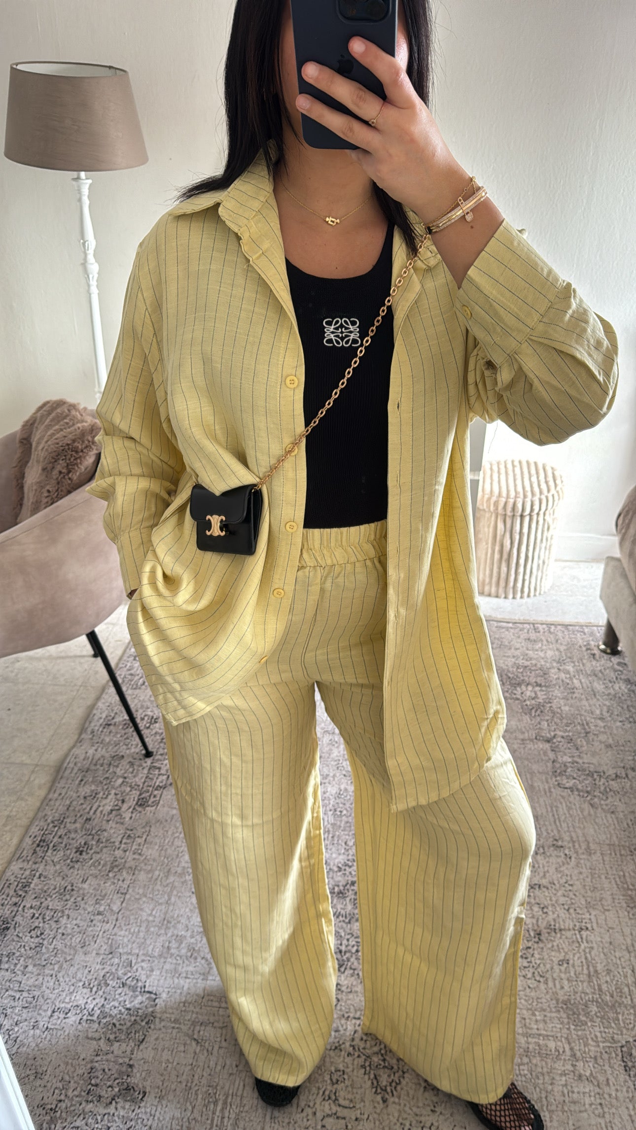 ENSEMBLE RAYÉ EN LIN JAUNE