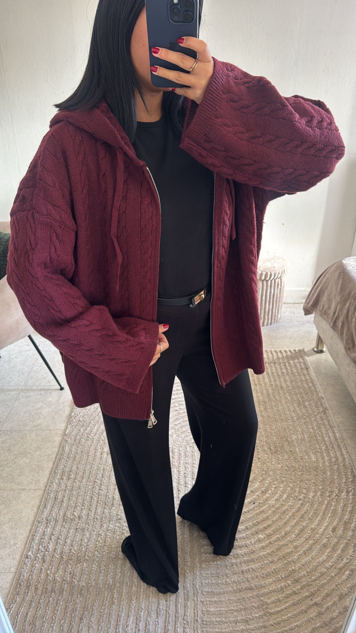 GILET TRICOT À CAPUCHE BORDEAUX