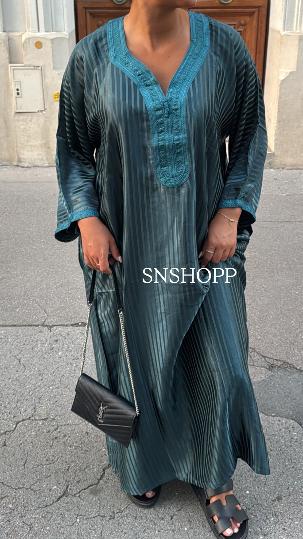 GANDOURA BELDI SATIN BLEU CANARD
