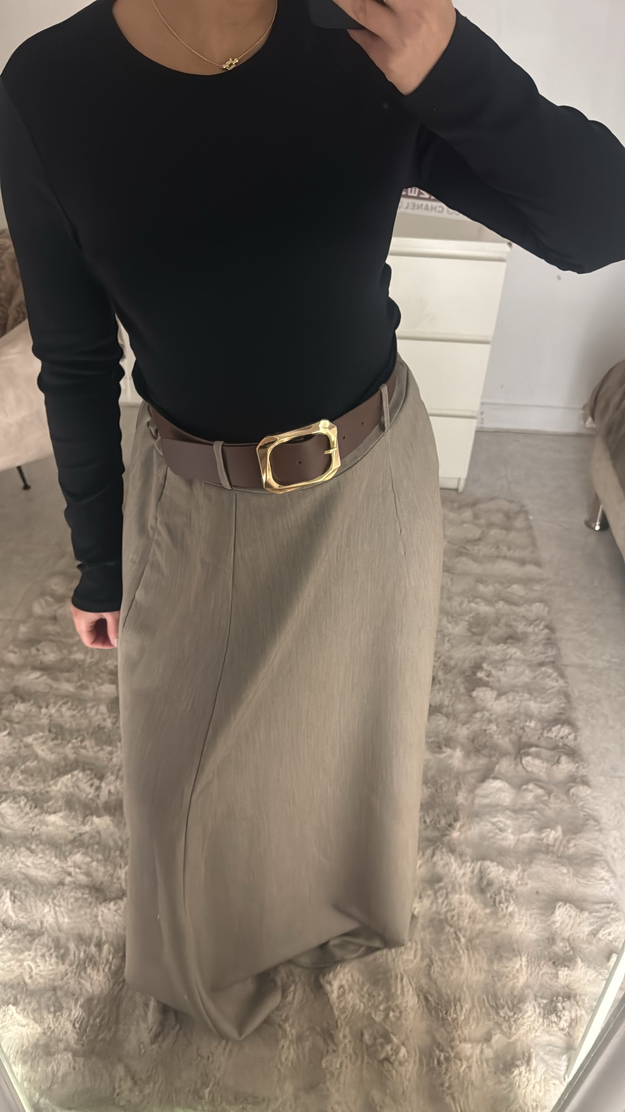 JUPE LONGUE FLUIDE À CEINTURE TAUPE