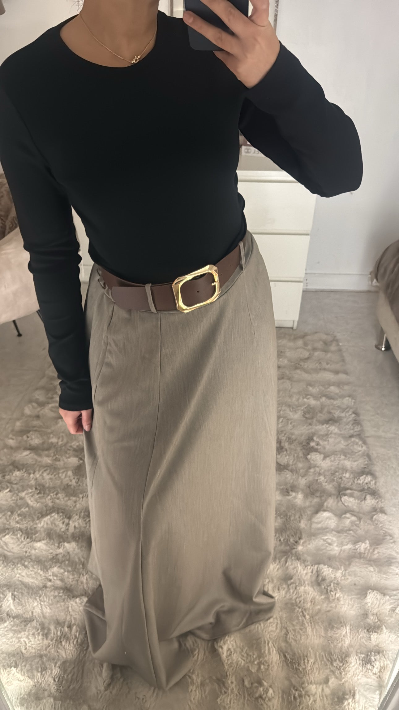 JUPE LONGUE FLUIDE À CEINTURE TAUPE