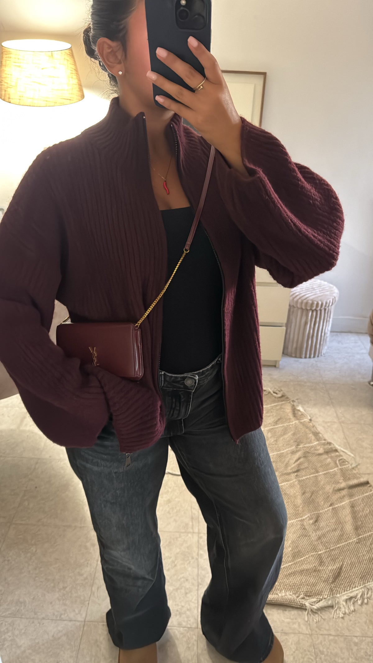 GILET À ZIP EN LAINE BORDEAUX