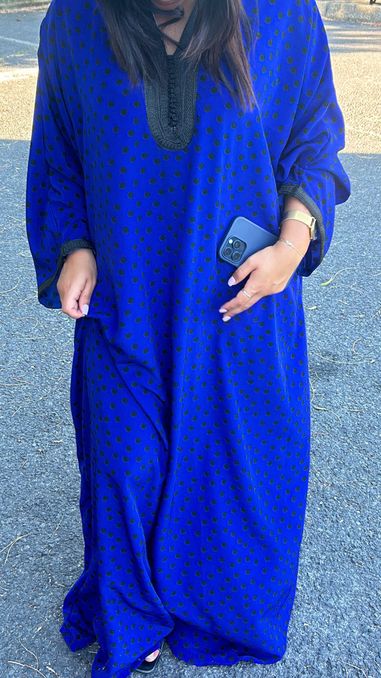 GANDOURA FLUIDE A POIS BLEUE