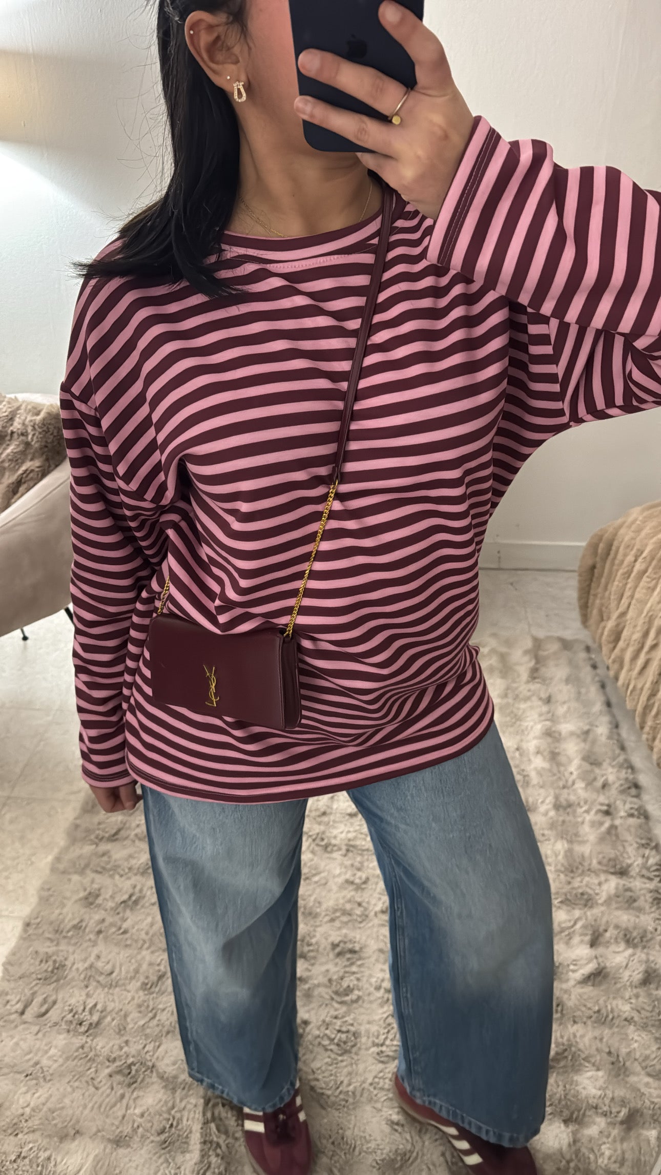 PULL RAYÉ MOLLETONNÉ BORDEAUX