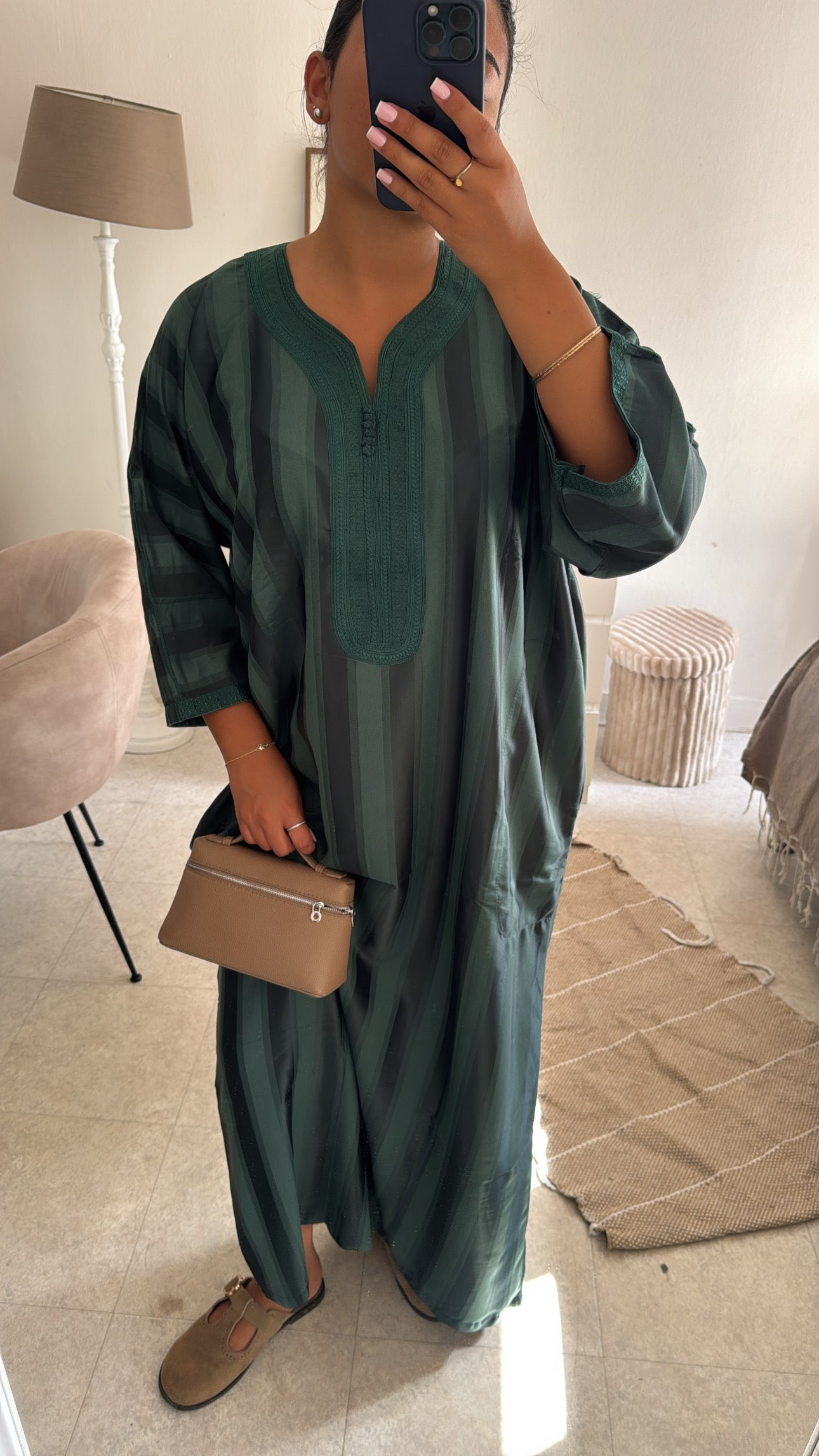 GANDOURA BELDI SATIN VERT SAPIN
